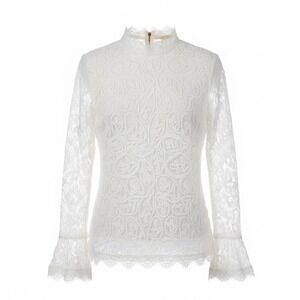Soft Surroundings "Lilith" White Lace Mock Neck Bell Sleeve Blouse PM Romantic
